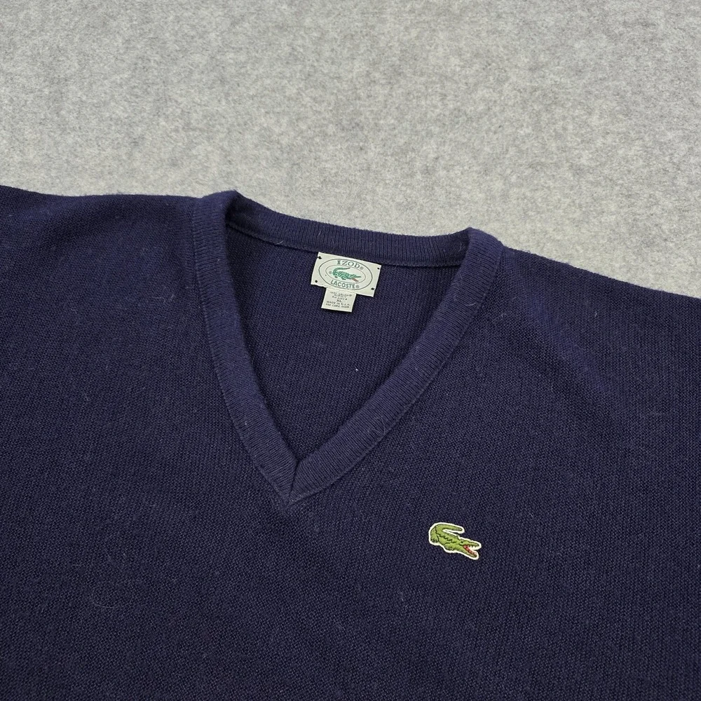 Vintage Izod Lacoste Sweater Mens XL Blue V Neck Knit Pullover Crocodile Logo